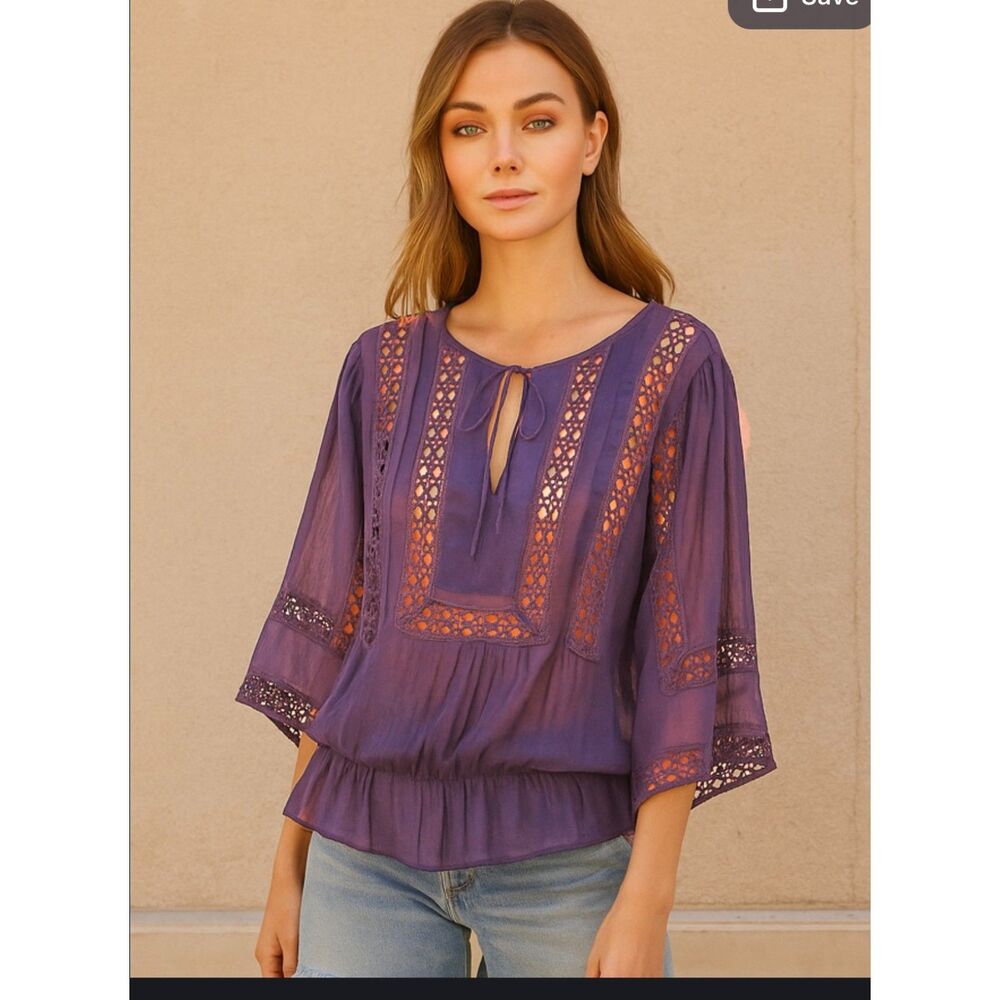 Peace & Pearls Eyelet Embroidered Purple Tunic S